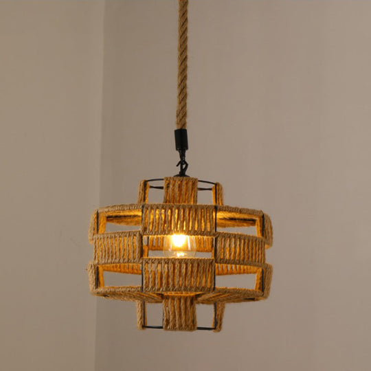 Hemp Rope Caged Pendant Light - Vintage Single-Bulb Hanging Fixture for Restaurants in Brown