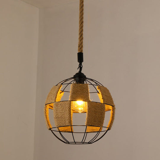 Hemp Rope Caged Pendant Light - Vintage Single-Bulb Hanging Fixture for Restaurants in Brown