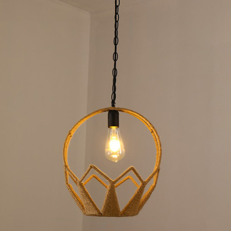 Hemp Rope Caged Pendant Light - Vintage Single-Bulb Hanging Fixture for Restaurants in Brown