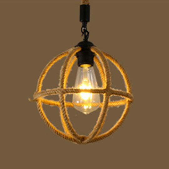 Hemp Rope Caged Pendant Light - Vintage Single-Bulb Hanging Fixture for Restaurants in Brown