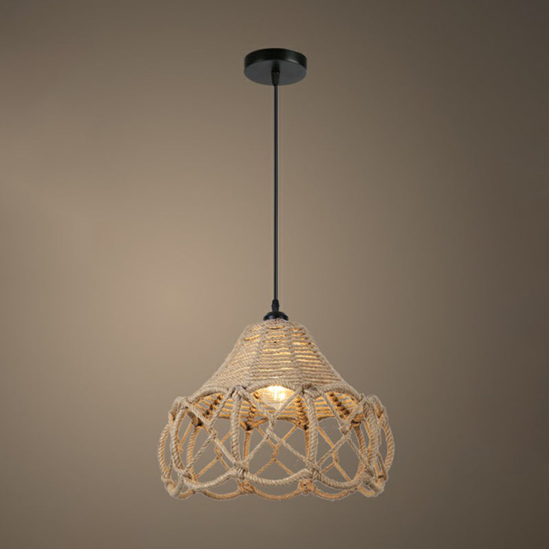 Rustic Hemp Rope Pendant Light Fixture - Brown 1 Bulb Hanging / H