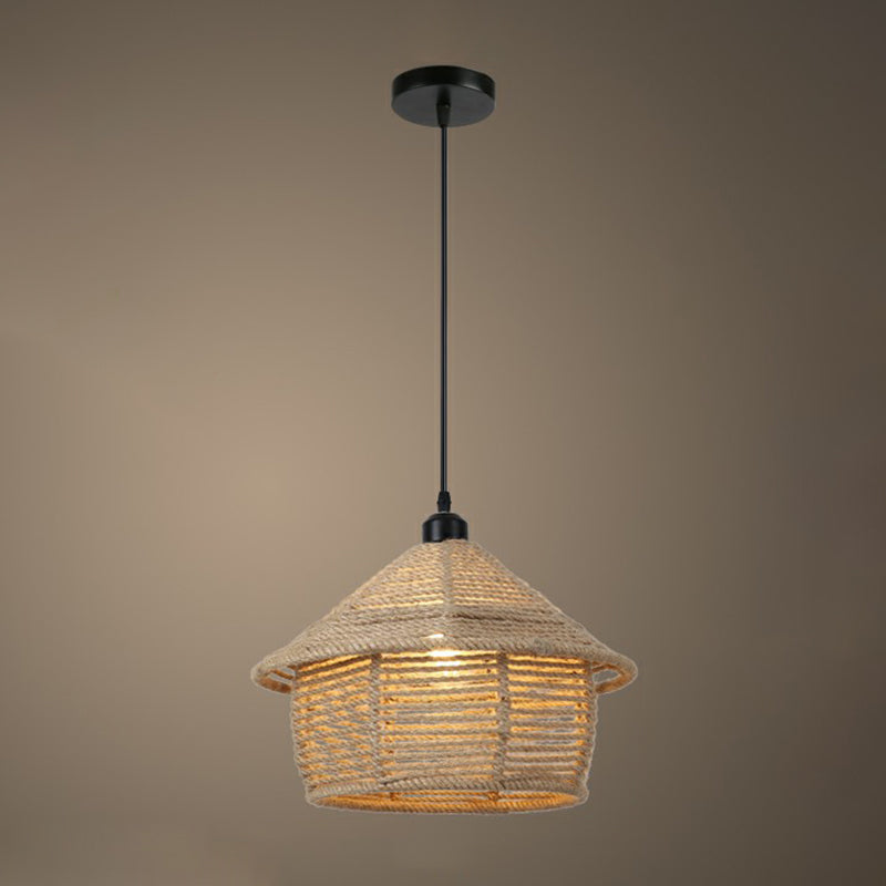 Rustic Hemp Rope Pendant Light Fixture in Brown - Vintage Wrapped Hanging Lamp with 1 Bulb