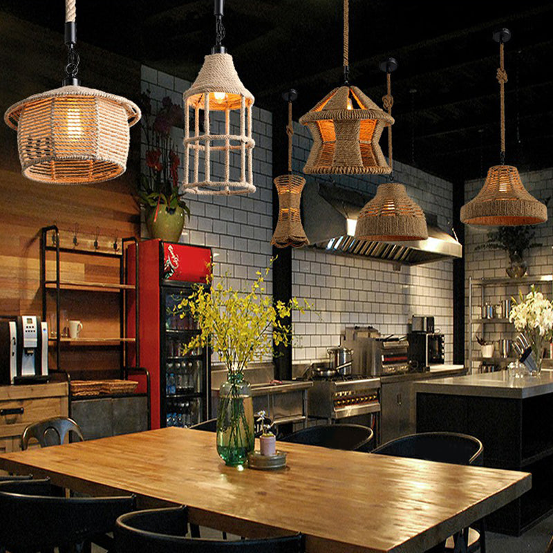 Hemp Rope Industrial Ceiling Light In Brown For Restaurants - Elegant Pendant Lighting