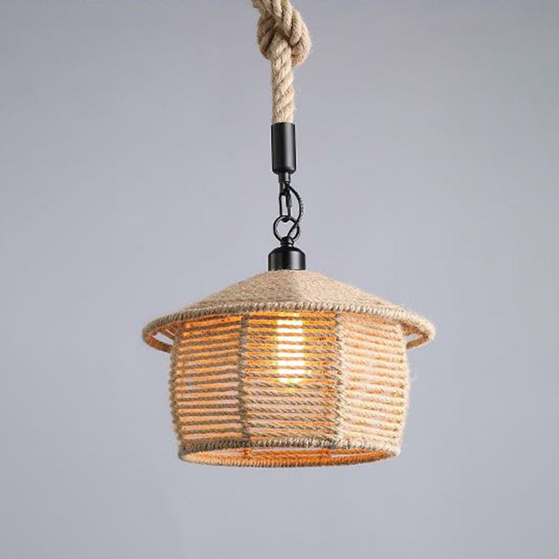 Hemp Rope Wrapped Ceiling Pendant Light - Industrial Single-Chain Design, Brown Finish