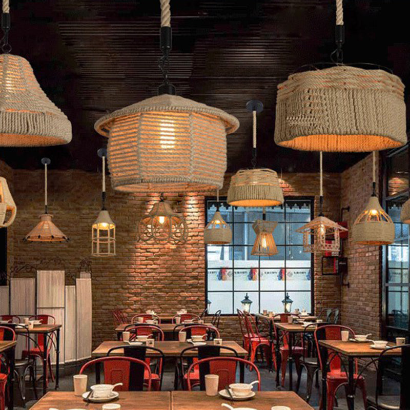 Hemp Rope Industrial Ceiling Light In Brown For Restaurants - Elegant Pendant Lighting