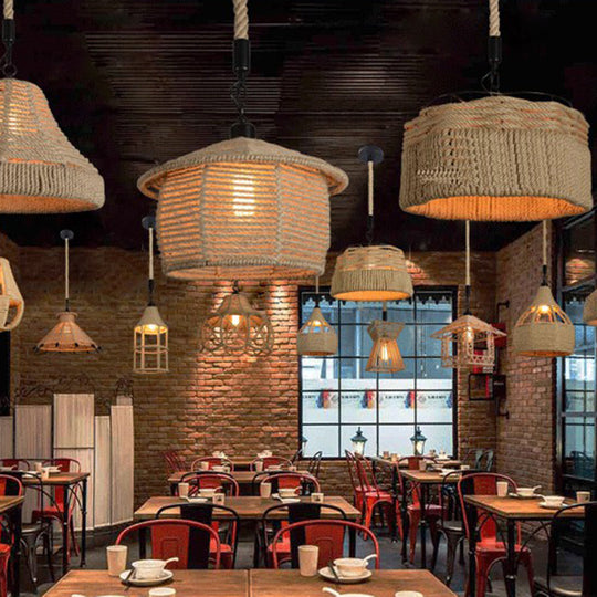 Hemp Rope Industrial Ceiling Light In Brown For Restaurants - Elegant Pendant Lighting