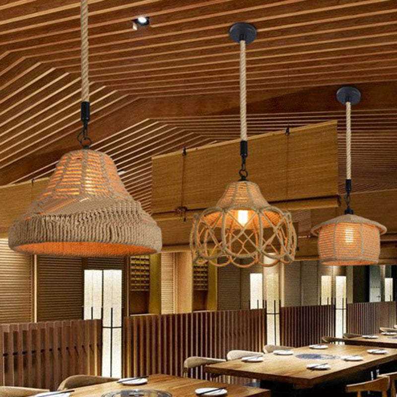 Hemp Rope Industrial Ceiling Light In Brown For Restaurants - Elegant Pendant Lighting