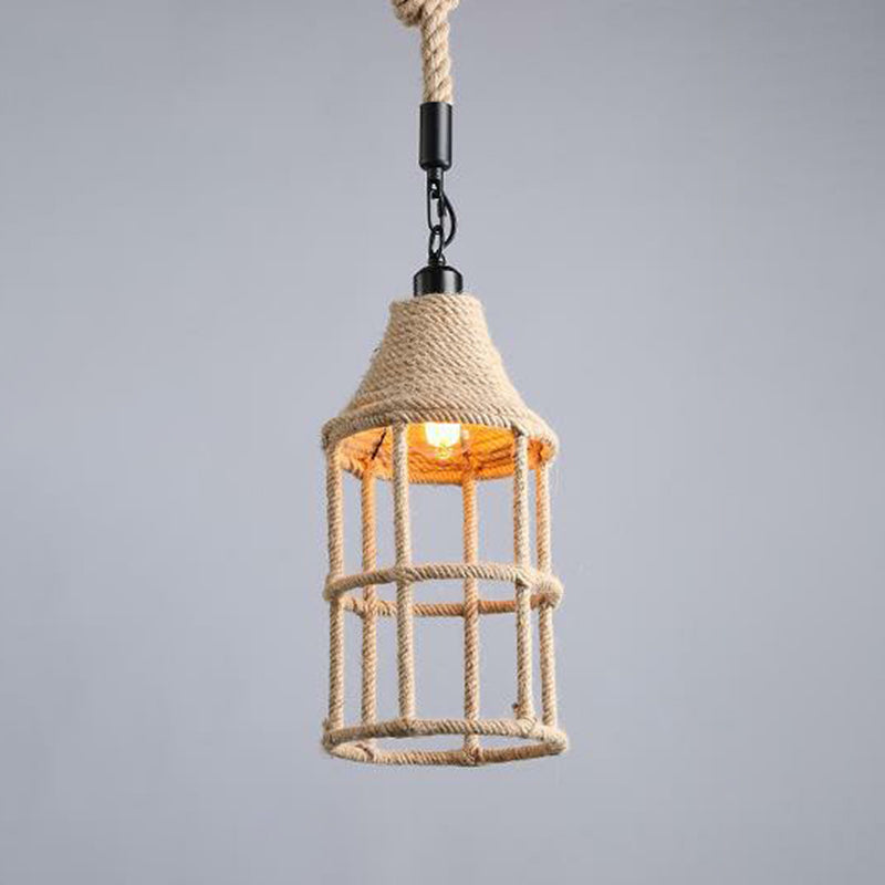 Hemp Rope Wrapped Ceiling Pendant Light - Industrial Single-Chain Design, Brown Finish