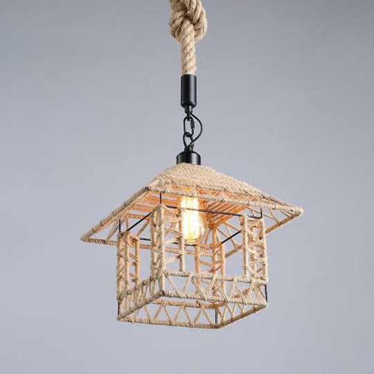 Hemp Rope Industrial Ceiling Light In Brown For Restaurants - Elegant Pendant Lighting / G