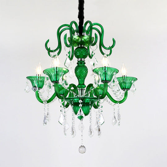 Retro Green Pendant Chandelier With Crystal Shade - 6 Heads For Living Room