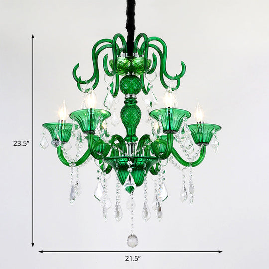 Retro Green Pendant Chandelier With Crystal Shade - 6 Heads For Living Room