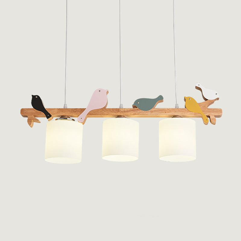 Simplicity Cream Glass Led Hanging Lamp With Wooden Bird - Dining Room Island Chandelier Light