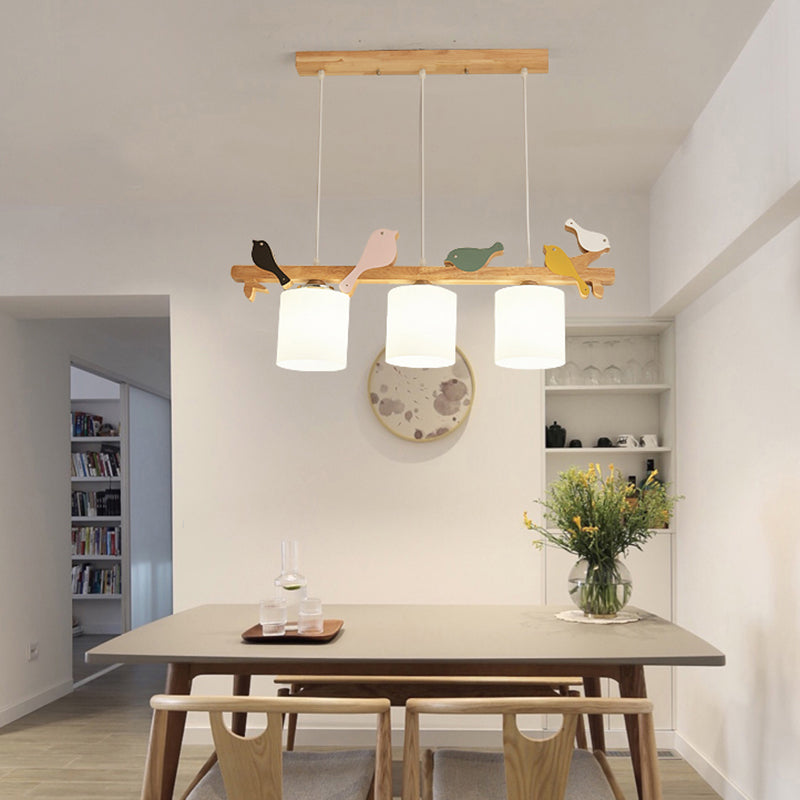 Simplicity Cream Glass Led Hanging Lamp With Wooden Bird - Dining Room Island Chandelier Light 3 /