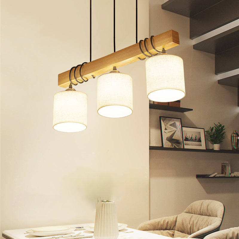 Nordic Style Led Hanging Light: Cylindrical Dining & Island Ceiling Light In Wood Fabric