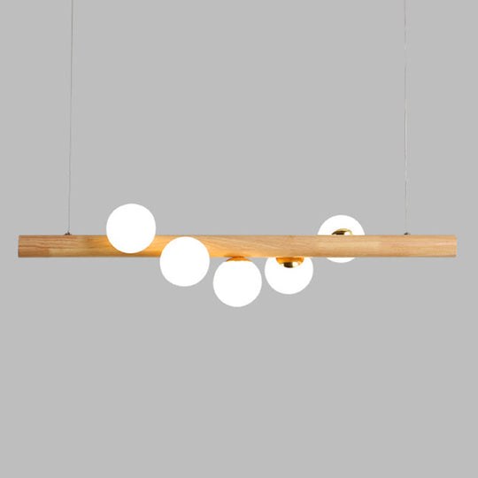 Minimalist Cream Glass Led Pendant Light For Restaurants - Ball Island Ceiling With Wood Accent 5 /