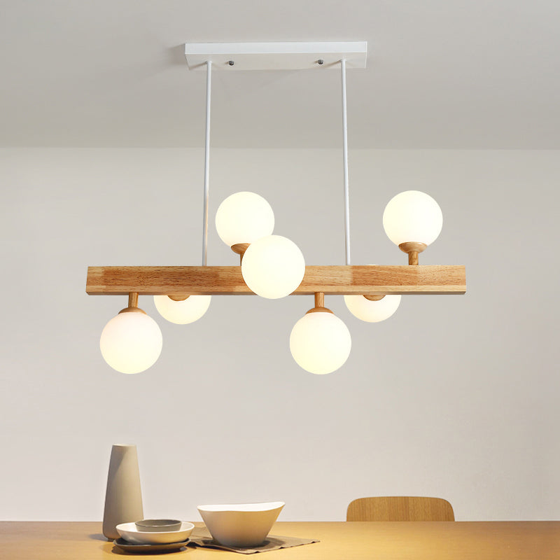 Simplicity Opal Glass Globe Pendant Light - 7 Heads Island Chandelier In Wood For Dining Room