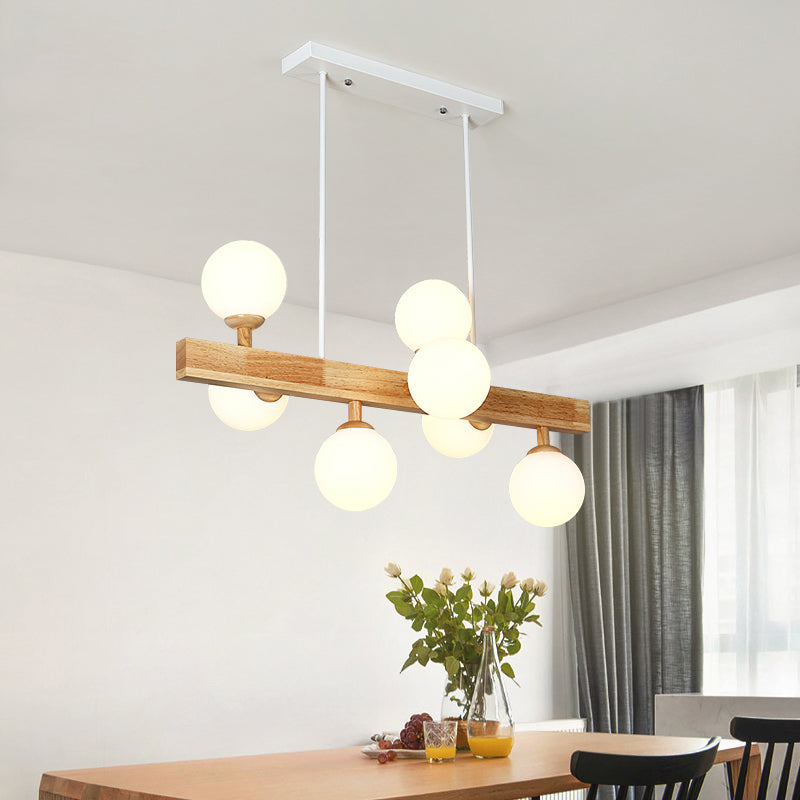 Simplicity Opal Glass Globe Pendant Light - 7 Heads Island Chandelier In Wood For Dining Room