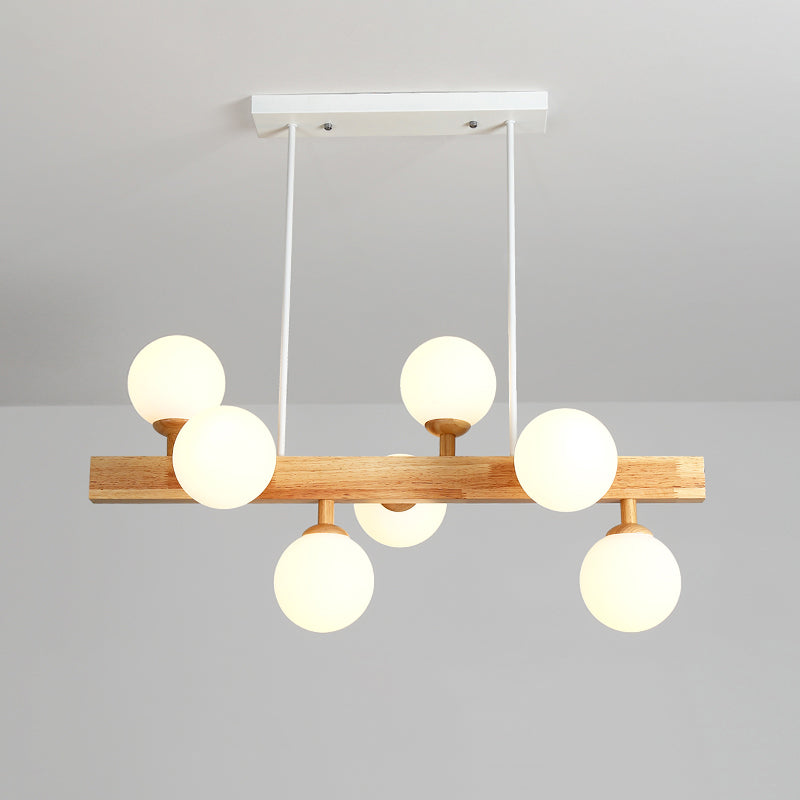 Simplicity Opal Glass Globe Pendant Light - 7 Heads Island Chandelier In Wood For Dining Room