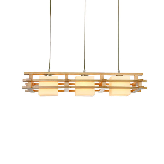 Japanese Wood Ceiling Pendant With Blown Glass: Cube Restaurant Island Light Fixture - 3 Bulbs