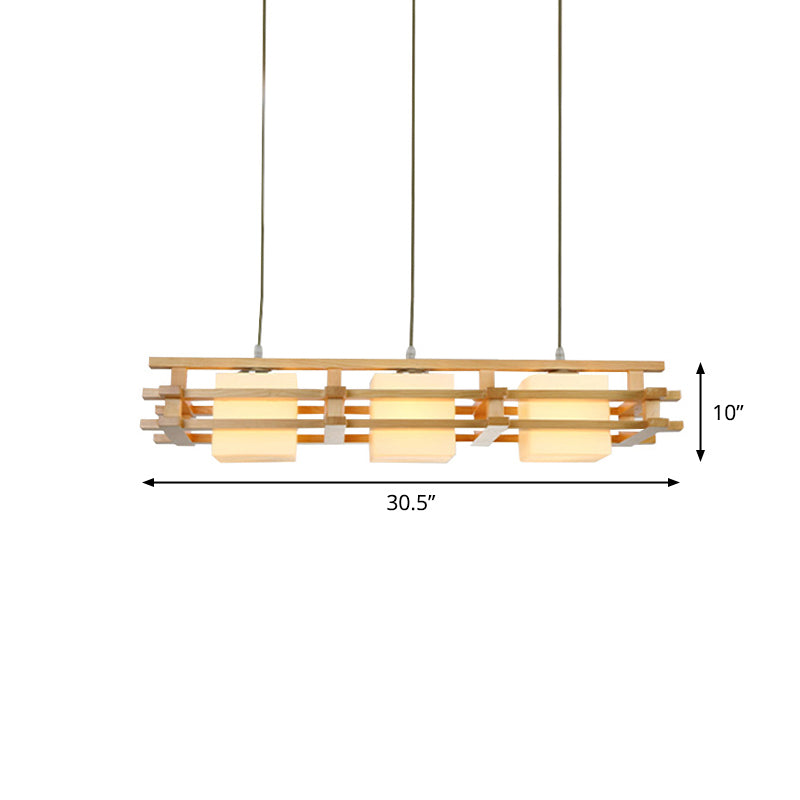 Japanese Wood Ceiling Pendant With Blown Glass: Cube Restaurant Island Light Fixture - 3 Bulbs