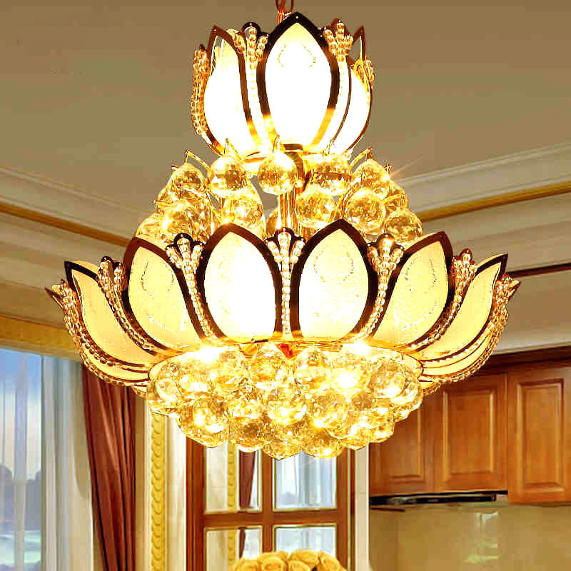 Retro Crystal Lotus Chandelier Pendant Light - 10-Head Hanging Ceiling In Gold