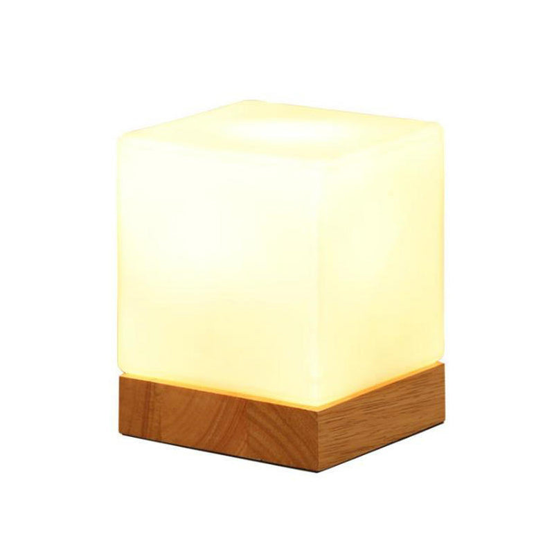 Nordic Style Cube Table Light With White Glass And Wooden Base - Single Nightstand Lighting