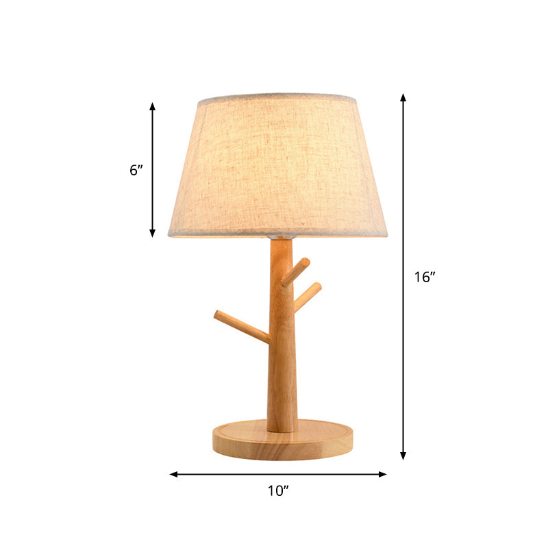 Minimalist Wood Tree Branch Nightstand Lamp With White Tapered Fabric Shade