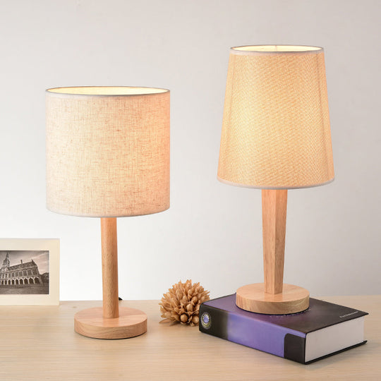 Modern Geometric Fabric Table Lamp With Wooden Base - Single White Nightstand Light