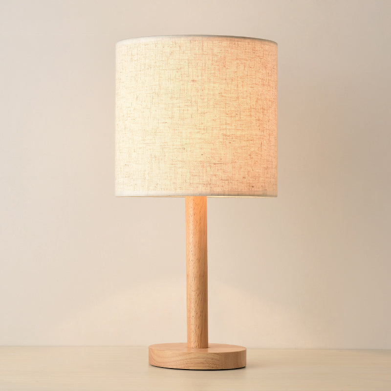 Modern Geometric Fabric Table Lamp With Wooden Base - Single White Nightstand Light / Cylinder