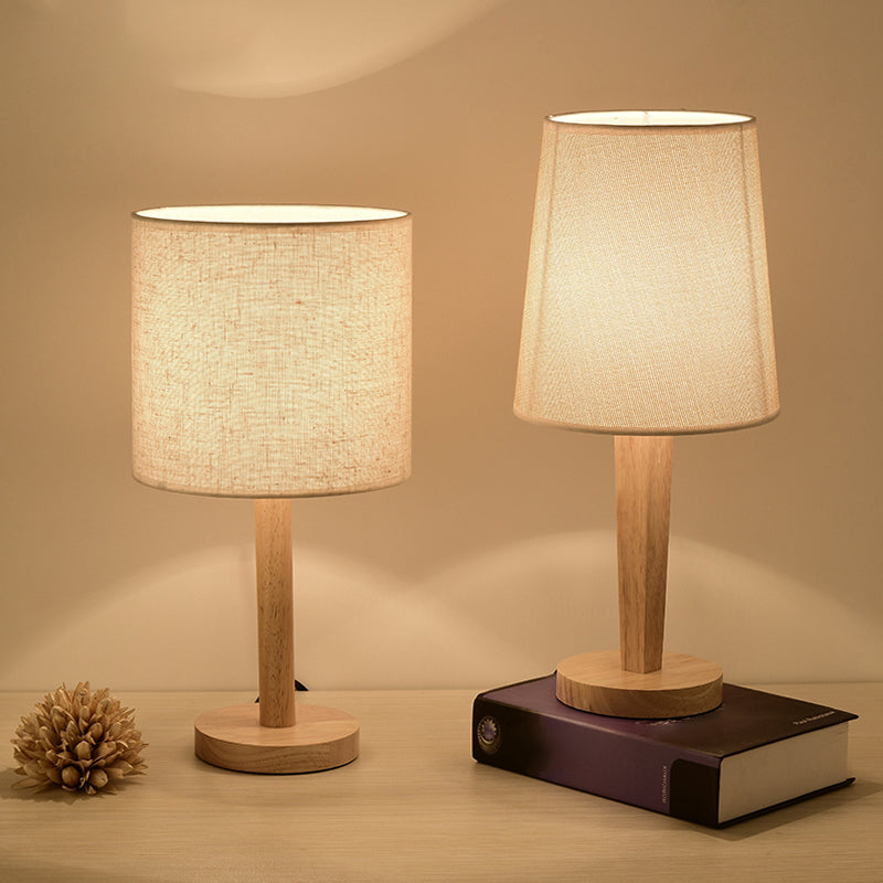 Modern Geometric Fabric Table Lamp With Wooden Base - Single White Nightstand Light