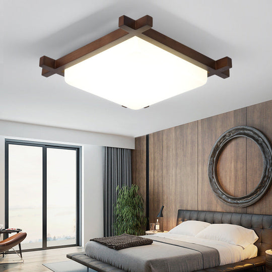 Nordic Style Square Flush Ceiling Light with Acrylic Shade and LED, Ideal for Bedroom and Living Room in Wood Finish