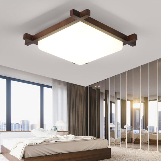 Nordic Style Square Flush Ceiling Light with Acrylic Shade and LED, Ideal for Bedroom and Living Room in Wood Finish