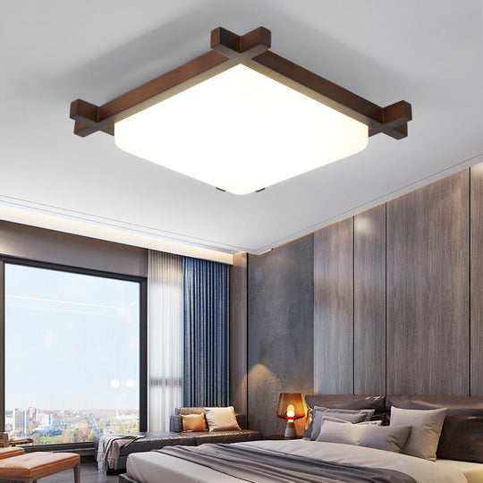 Nordic Style Square Flush Ceiling Light with Acrylic Shade and LED, Ideal for Bedroom and Living Room in Wood Finish