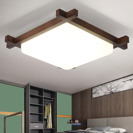 Nordic Style Square Flush Ceiling Light with Acrylic Shade and LED, Ideal for Bedroom and Living Room in Wood Finish