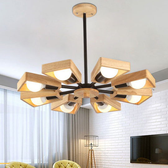 Minimalist Wood Suspension Chandelier for Living Room - Trapezoid Frame Design