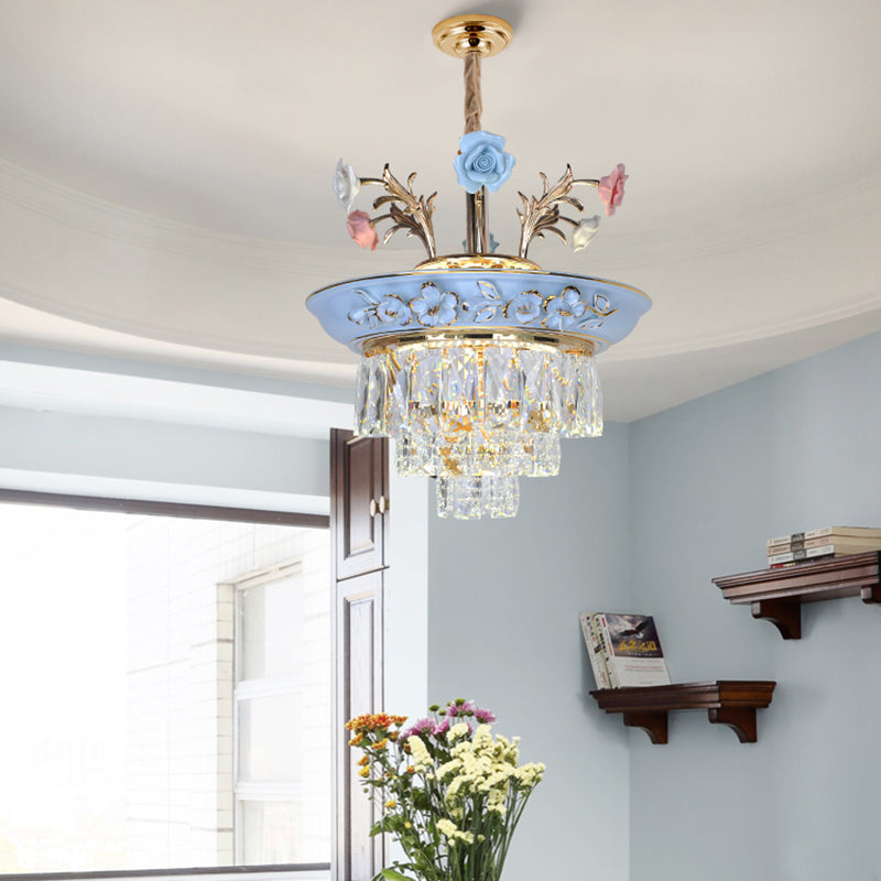 3-Tier Pendant Chandelier With Crystal White/Blue Led Lighting Metal Flowers 12/14 Wide