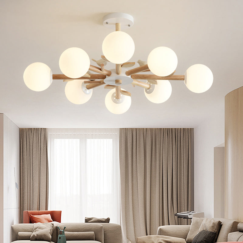 Opal Glass Globe Chandelier: Modern Living Room Pendant Light in Wood