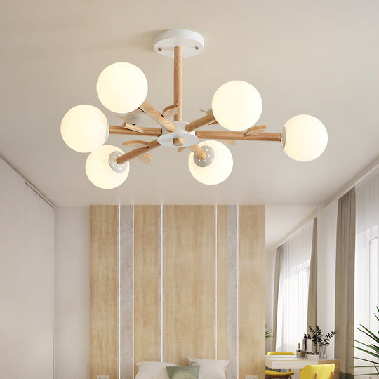 Opal Glass Globe Chandelier: Modern Living Room Pendant Light in Wood