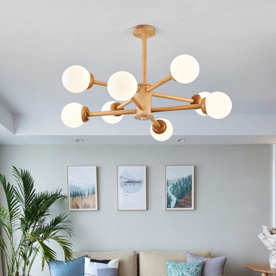 Minimalist Cream Glass Bedroom Chandelier With Wood Finish