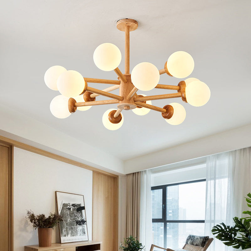 Minimalist Cream Glass Bedroom Chandelier With Wood Finish