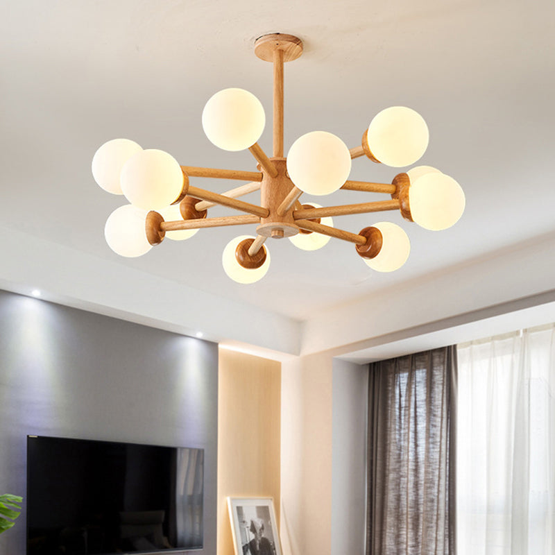 Minimalist Cream Glass Bedroom Chandelier With Wood Finish