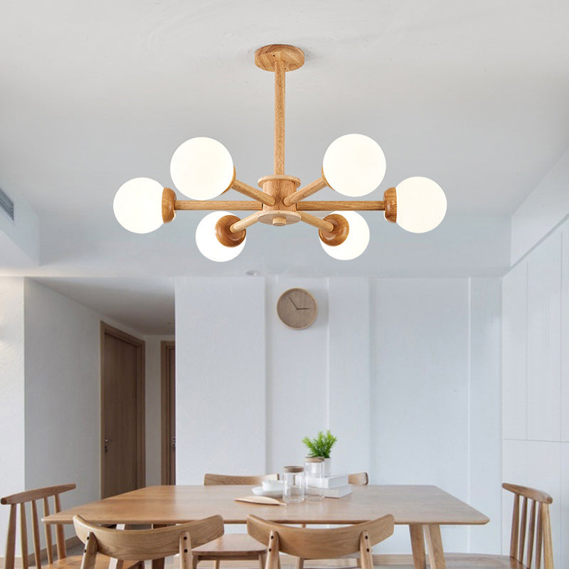 Minimalist Cream Glass Bedroom Chandelier With Wood Finish