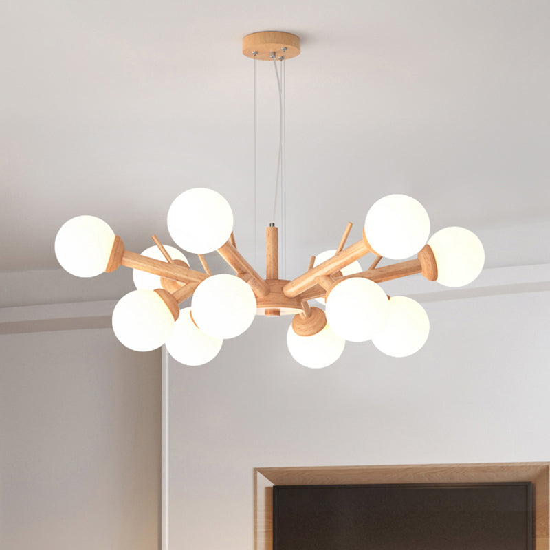 Simplicity Chandelier Light Fixture with Frosted Glass Shade - Wood Branch Ceiling Lighting