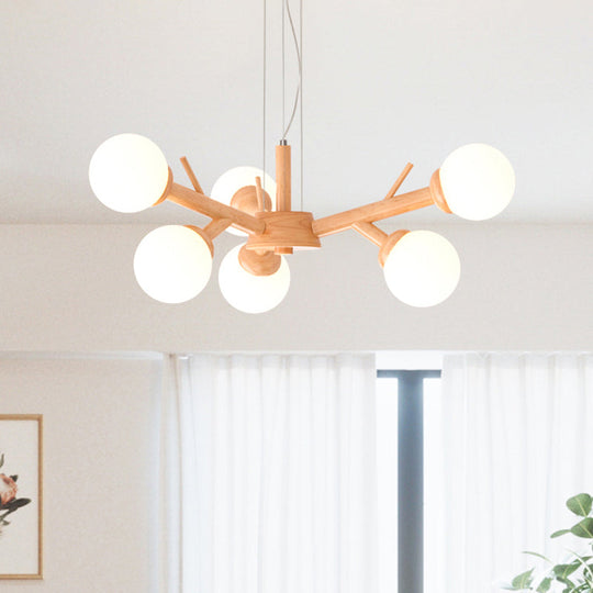 Simplicity Chandelier Light Fixture with Frosted Glass Shade - Wood Branch Ceiling Lighting