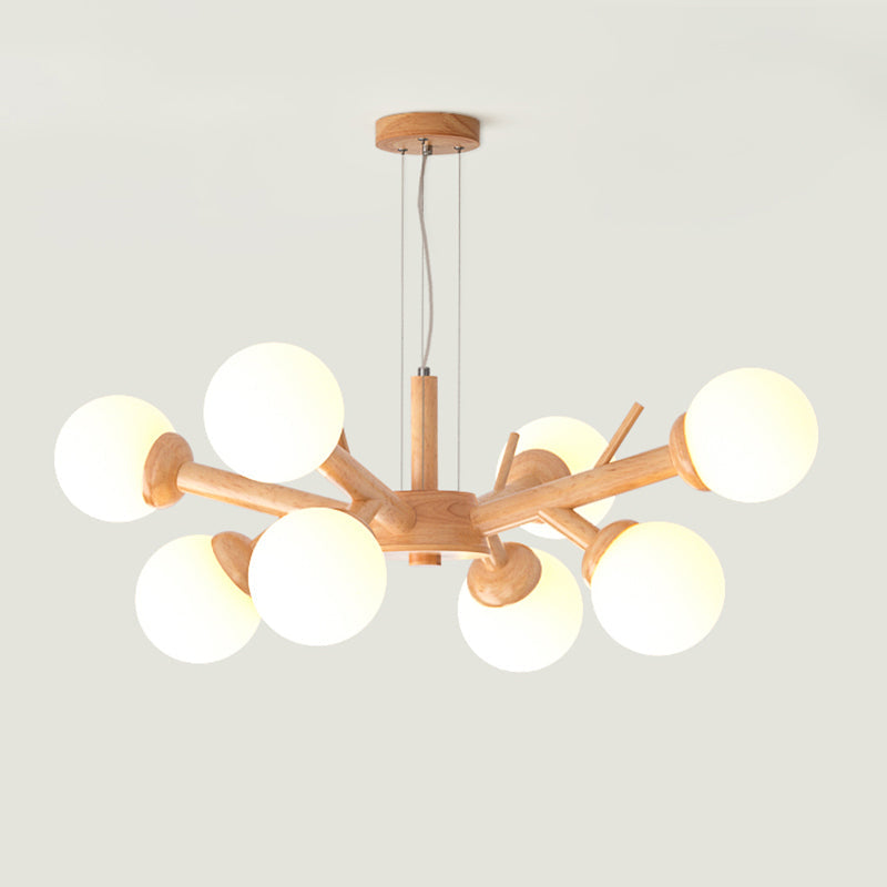 Simplicity Chandelier Light With Frosted Glass Shade Wood Branch Ceiling Lighting Fixture