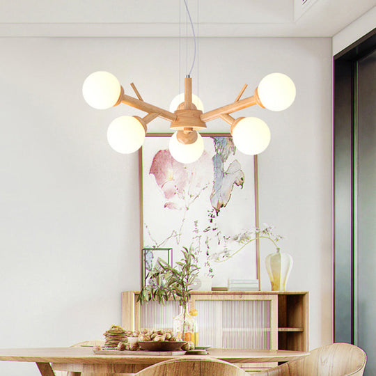 Simplicity Chandelier Light With Frosted Glass Shade Wood Branch Ceiling Lighting Fixture