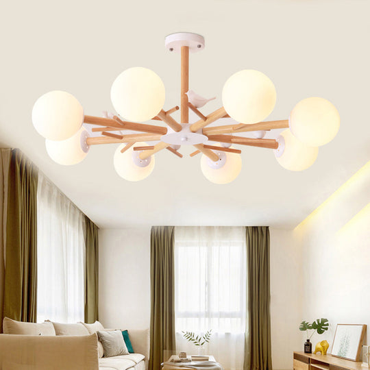 Simplistic Wood Pendant Light with Cream Glass Shade for Living Room Chandelier