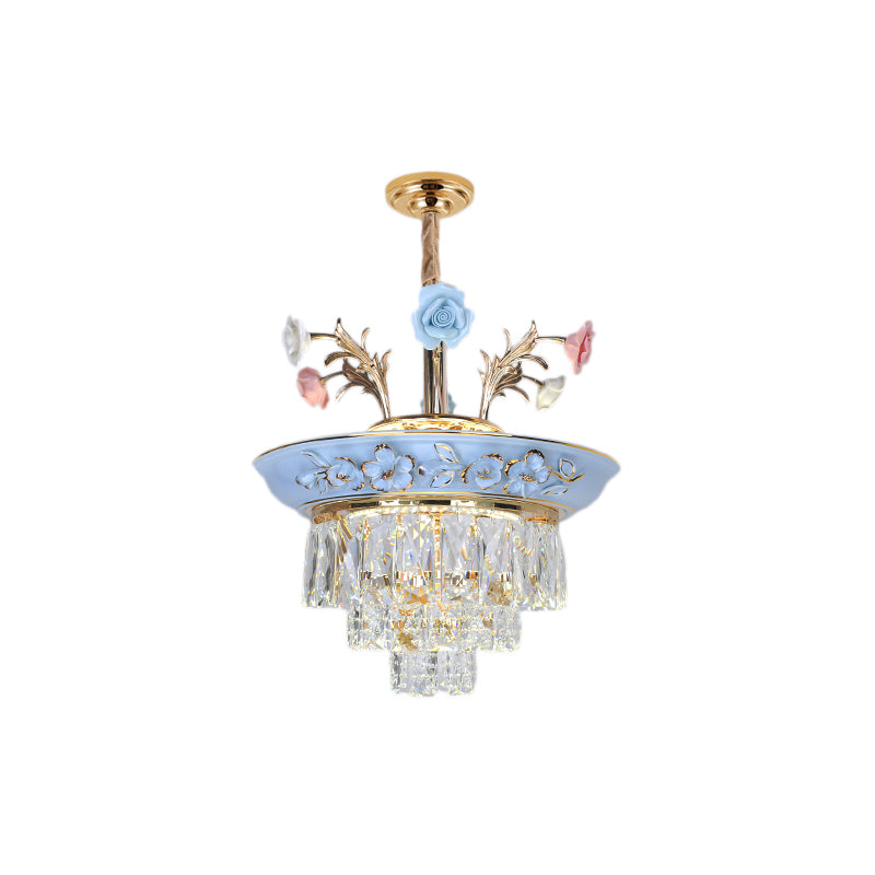 3-Tier Pendant Chandelier With Crystal White/Blue Led Lighting Metal Flowers 12/14 Wide