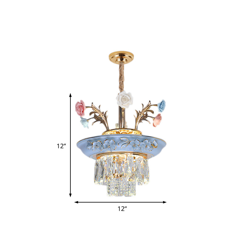 3-Tier Pendant Chandelier With Crystal White/Blue Led Lighting Metal Flowers 12/14 Wide