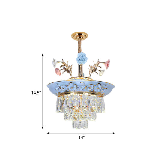 3-Tier Pendant Chandelier With Crystal White/Blue Led Lighting Metal Flowers 12/14 Wide